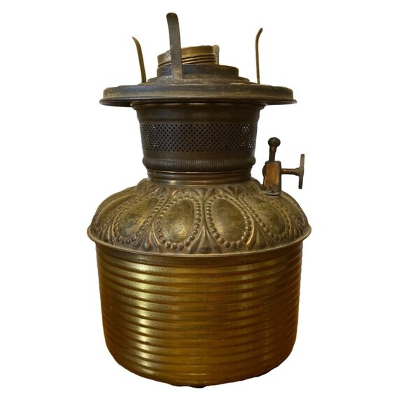 Converted Antique Brass Kerosene Oil Lamp With Ornate Design & Chain Mechanism - Picture 3 of 6